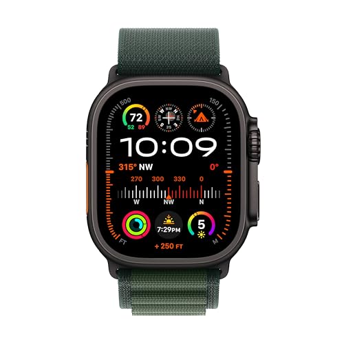 Apple Watch Ultra 2 (GPS + Cellular) 49mm Black Titanium Case with Dark Green Alpine Loop - Medium - MX4R3LW/A