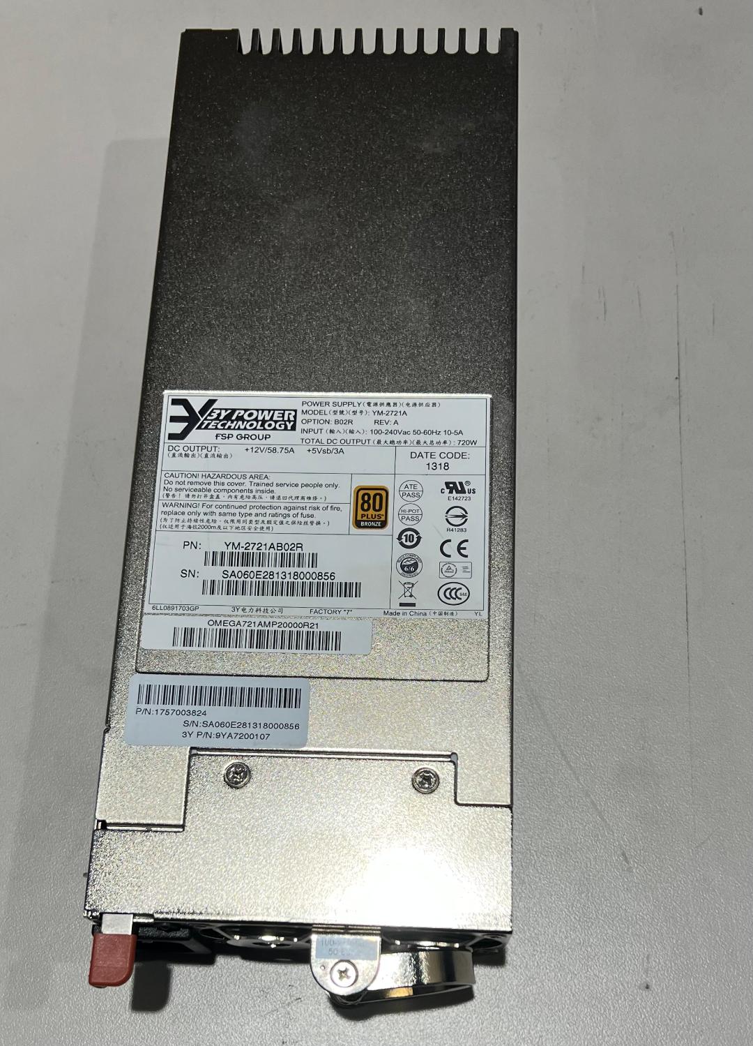 3Y Power Technology YM-2721A 720W Server PSU YM-2721AB02R Power Supply Module