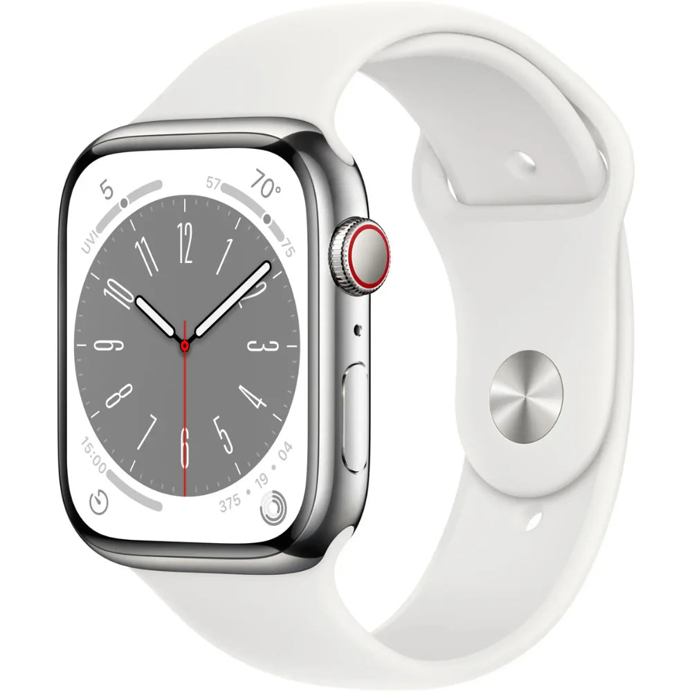 Apple Watch Series 8 (GPS + Cell) 45MM - Silver Stainless Steel Case w/ White Sport Band S/M - MNVV3LL/A