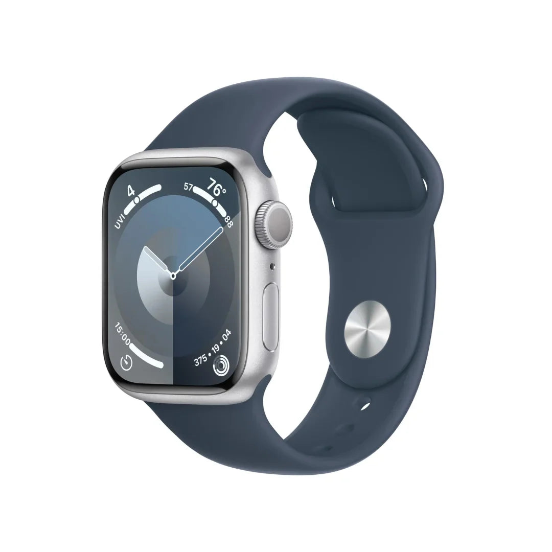 Apple Watch Series 9 (GPS) 41mm Silver Aluminum Case w/ Storm Blue Sport Band – M/L – MR913LW/A