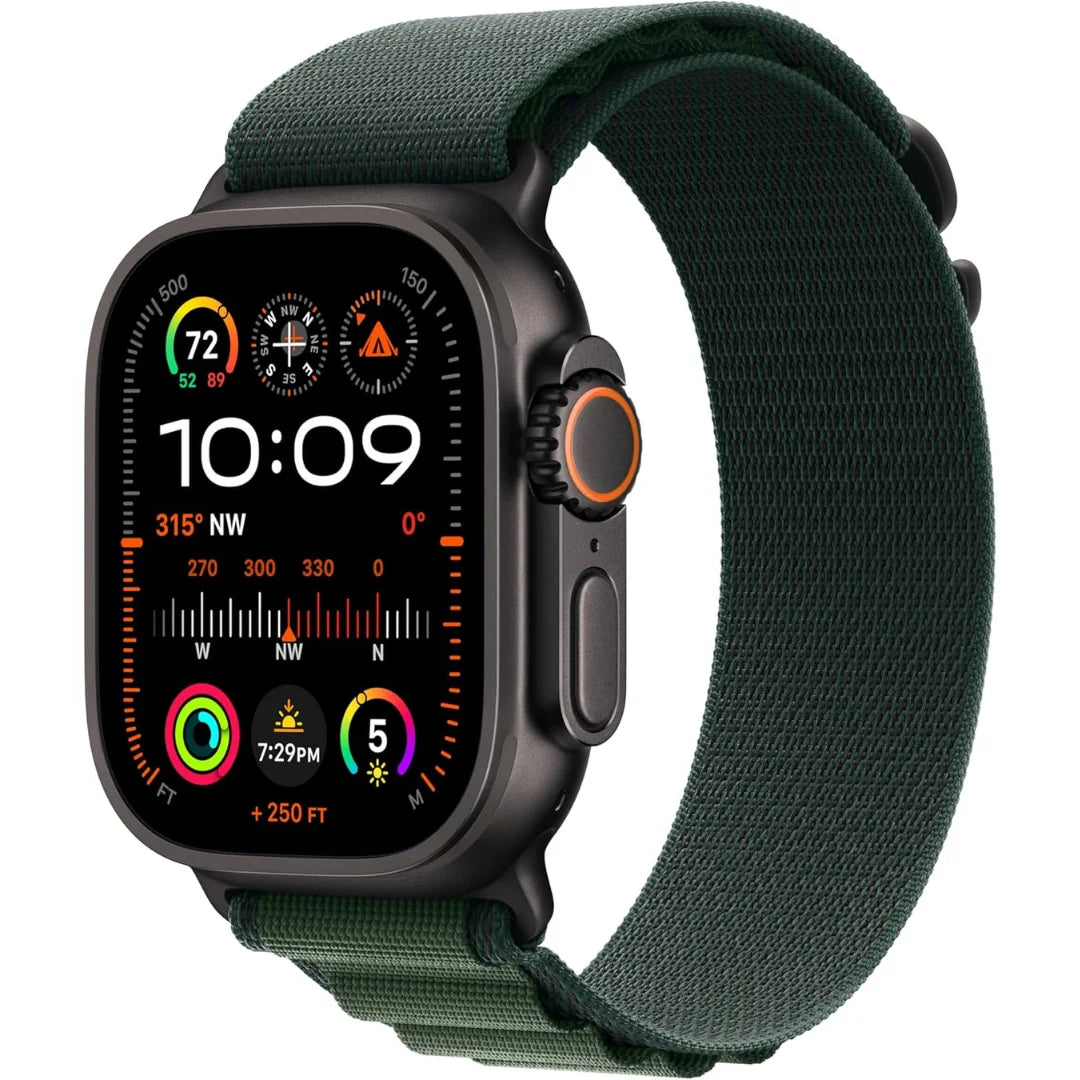Apple Watch Ultra 2 (GPS + Cellular) 49mm Black Titanium Case with Dark Green Alpine Loop - Medium - MX4R3LW/A