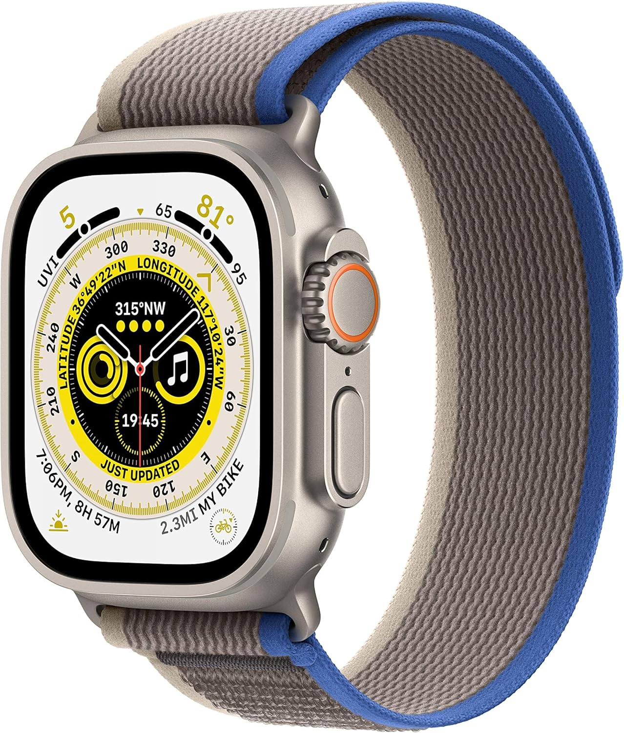 Apple Watch Ultra (GPS + Cellular) 49mm Titanium Case with Blue/Gray Trail Loop - S/M - Titanium - MNHE3LL/A