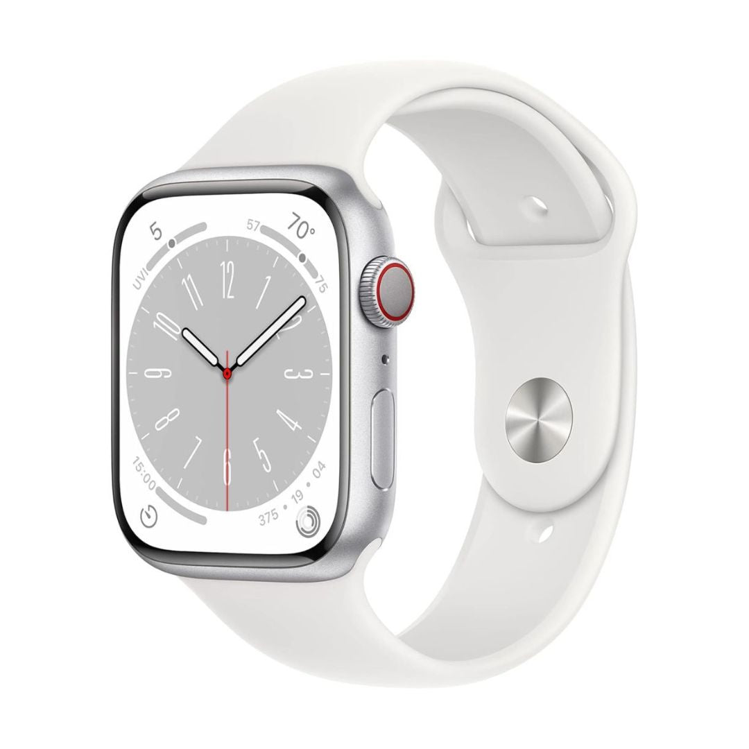Apple Watch Series 8 (GPS + Cellular, 45MM) - Silver Aluminum Case with M/L White Sport Band  - MP4W3LL/A